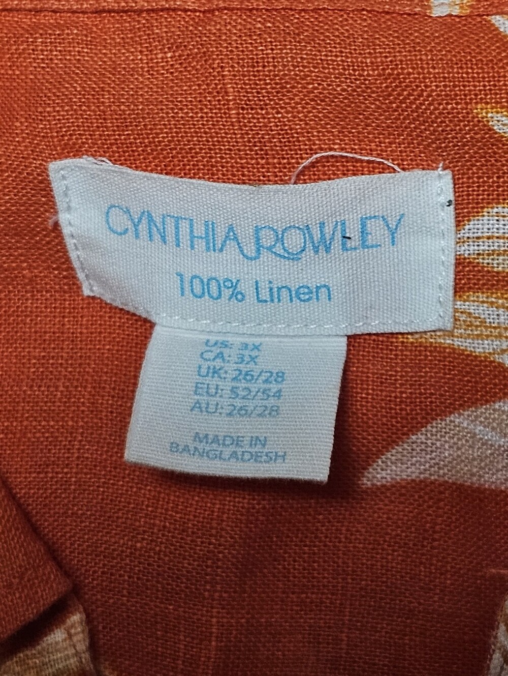 Cynthia Rowley Womens 3X Orange Floral 100% Linen Button Down Roll Tab Shirt - Picture 6 of 6